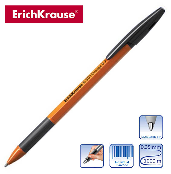Ручка шариковая, 0,7мм, чёрная, корпус оранж, прорезин., R-301 GRIP ORANGE. ERICH KRAUSE