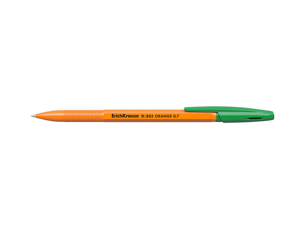 Ручка шариковая, 0.7мм, зеленая, жёлтый корпус., R-301 ORANGE Stick. ERICH KRAUSE