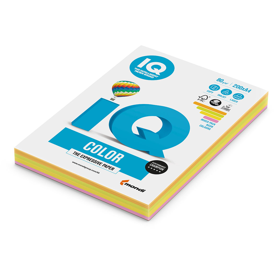Бумага IQ Color Mixed-Packs Neon, формат А4, пл-ть 80грм2,200листпач.407470