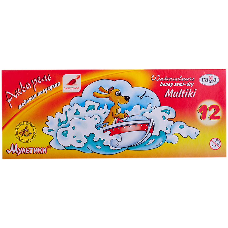 Краски акварельные, медовые, 12 цв., c кистью, картонная упаковка, Мультики, ГАММА